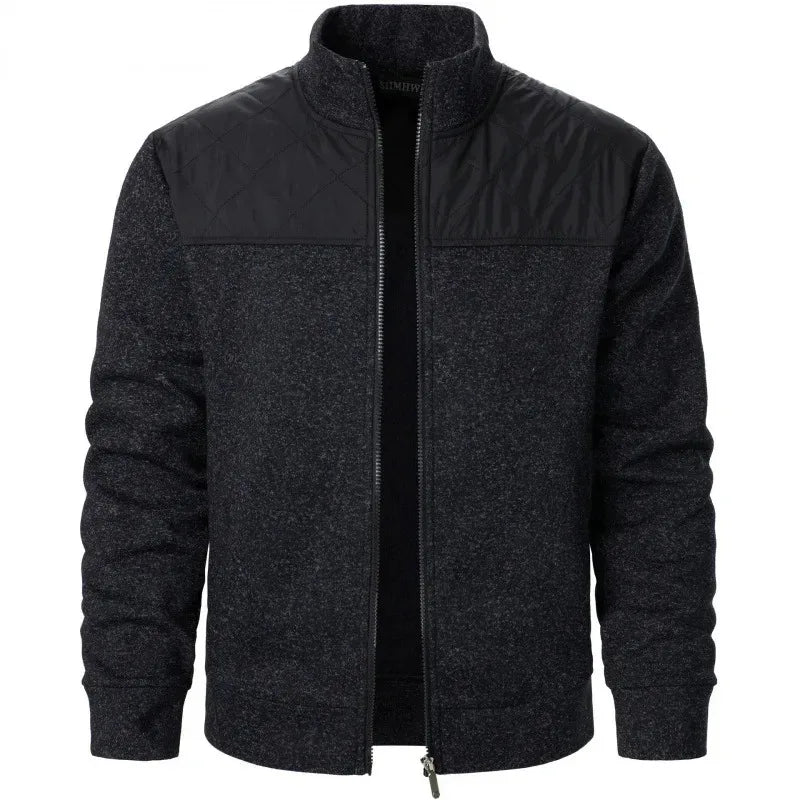 Jaqueta masculina patchwork com gola alta, corte slim, estilo cardigã, streetwear, esportiva, casual, com zíper, ideal para atividades ao ar livre.