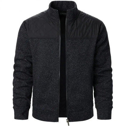 Jaqueta masculina patchwork com gola alta, corte slim, estilo cardigã, streetwear, esportiva, casual, com zíper, ideal para atividades ao ar livre.