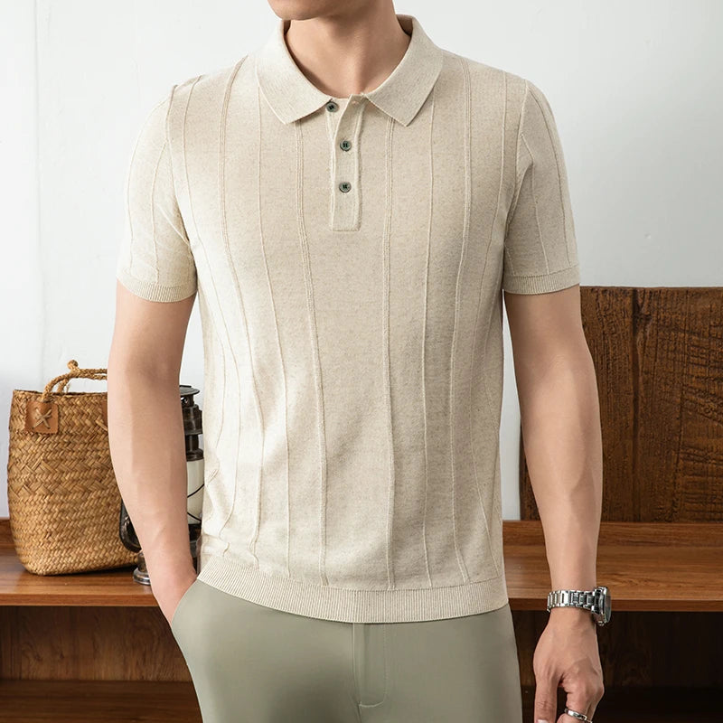 Camisa polo masculina de manga curta, cor sólida, confortável, em tecido jacquard de luxo, de alta qualidade, nova, fina, casual, para o verão.