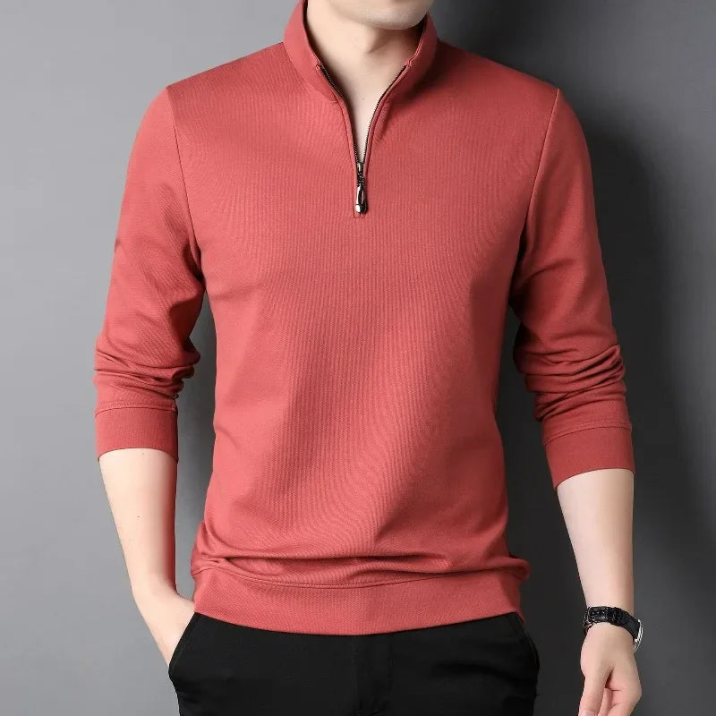 primavera e outono pulôver masculino gola zíper sólido manga longa camiseta alta pescoço polo inferior moda casual topos