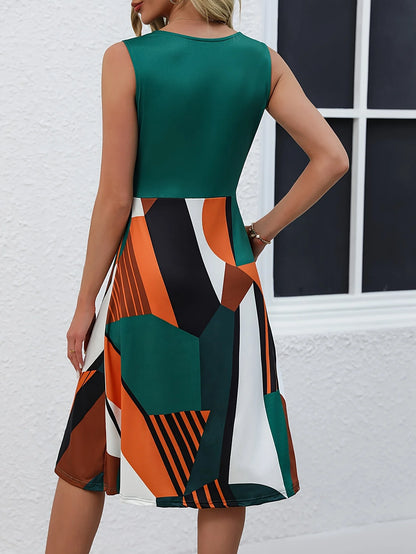 Vestido feminino casual sem mangas com estampa geométrica verde e decote em V. Vestido de verão moderno.