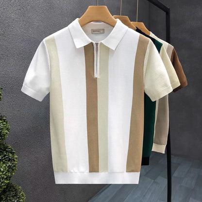 Meia zip estilo ocidental seda gelo fino suéter de manga curta para homens verão legal malha camiseta para homens camisa polo de alta qualidade