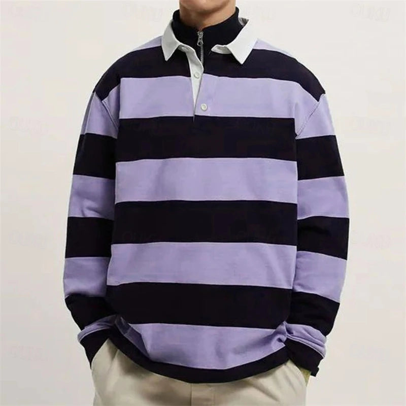 Simple Fashion Striped Polo Shirts For Men Casual Autumn Long Sleeve 3D Printed Golf Polo Shirt Loose Comfortable Lapel Tops