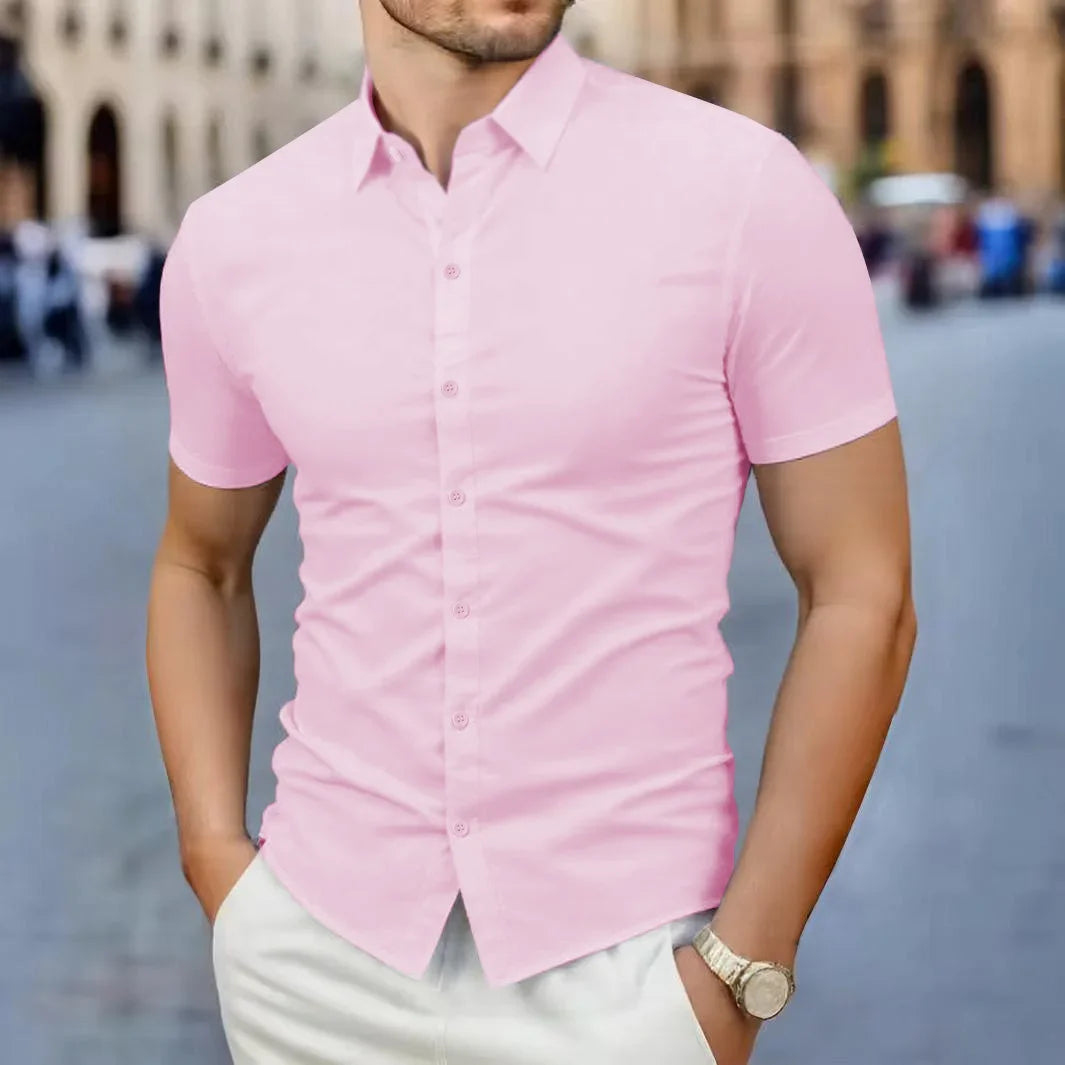 New Men's Business Casual Solid Color Short Sleeved Shirt for Summer Fashion No Ironing Comfortable and Versatile Top