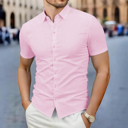 New Men's Business Casual Solid Color Short Sleeved Shirt for Summer Fashion No Ironing Comfortable and Versatile Top