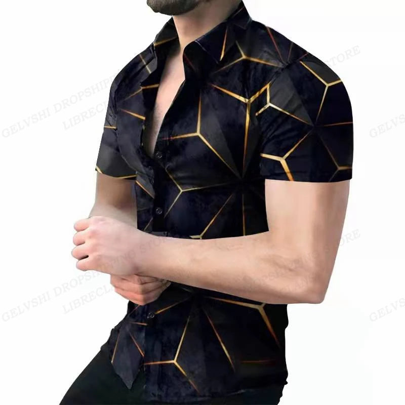 Camisas de praia com estampa geométrica 3D, camisas havaianas de manga curta, blusas masculinas, camisa gráfica, camisa Cuba, roupas masculinas