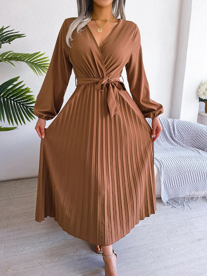 Elegante V Neck manga comprida das mulheres plissado vestido Maxi
