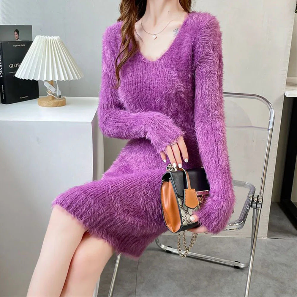 2023new vison veludo vestido de malha feminina outono inverno elástico fino camisola de fundo manga longa com decote em v senhora do escritório vestido elegante