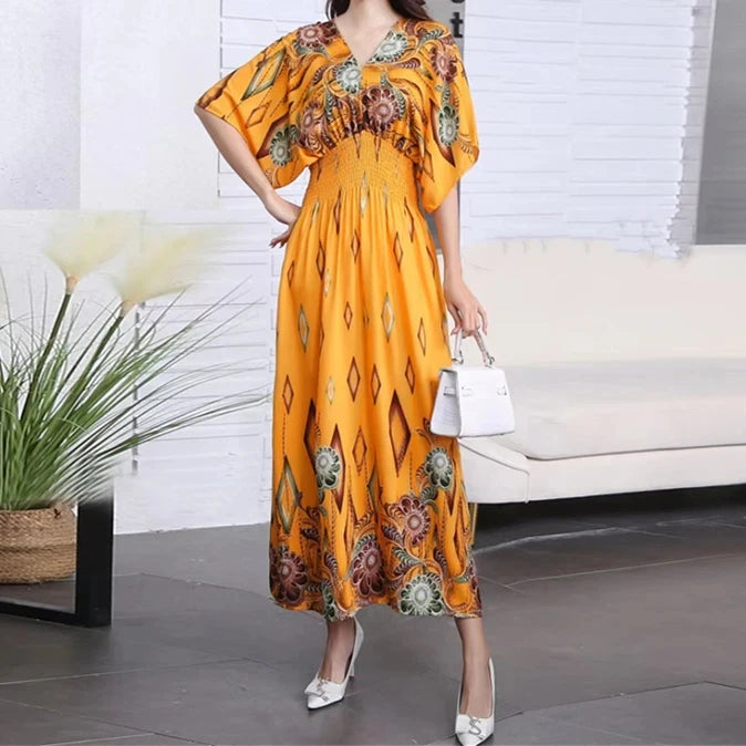 Flor colorida com decote em v elástico jovem boêmio doce midi vestido mulher roupas chique moda vestidos de verão 2025 grande balanço esqui
