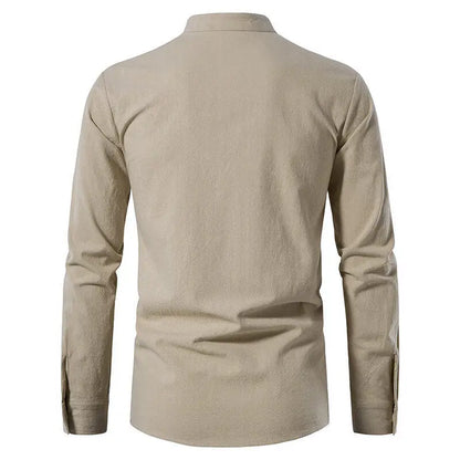 Camisa Henley Casual Masculina com Gola Alta e Mangas Longas com Cordão nos Punhos