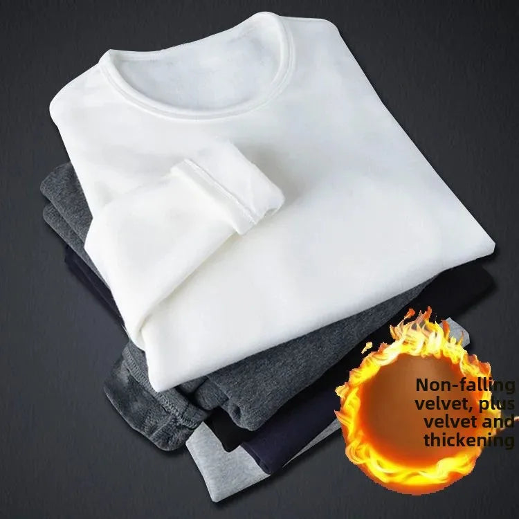 Forro de lã masculino engrossado manga longa camiseta em torno do pescoço base camisa roupas outono inverno manga longa respirável casual wear