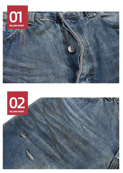 Mijko imagem real jeans desgastado buraco danificado baggy perna larga jeans masculino streetwear casual calças jeans calças de carga