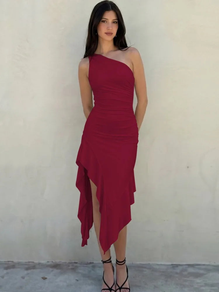 Vestido Longo Feminino Absobe de Cor Sólida com Um Ombro, Babados Assimétricos, Sexy, Justo, Franzido, Elegante, para Balada, Verão 2026
