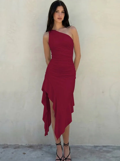 Vestido Longo Feminino Absobe de Cor Sólida com Um Ombro, Babados Assimétricos, Sexy, Justo, Franzido, Elegante, para Balada, Verão 2026