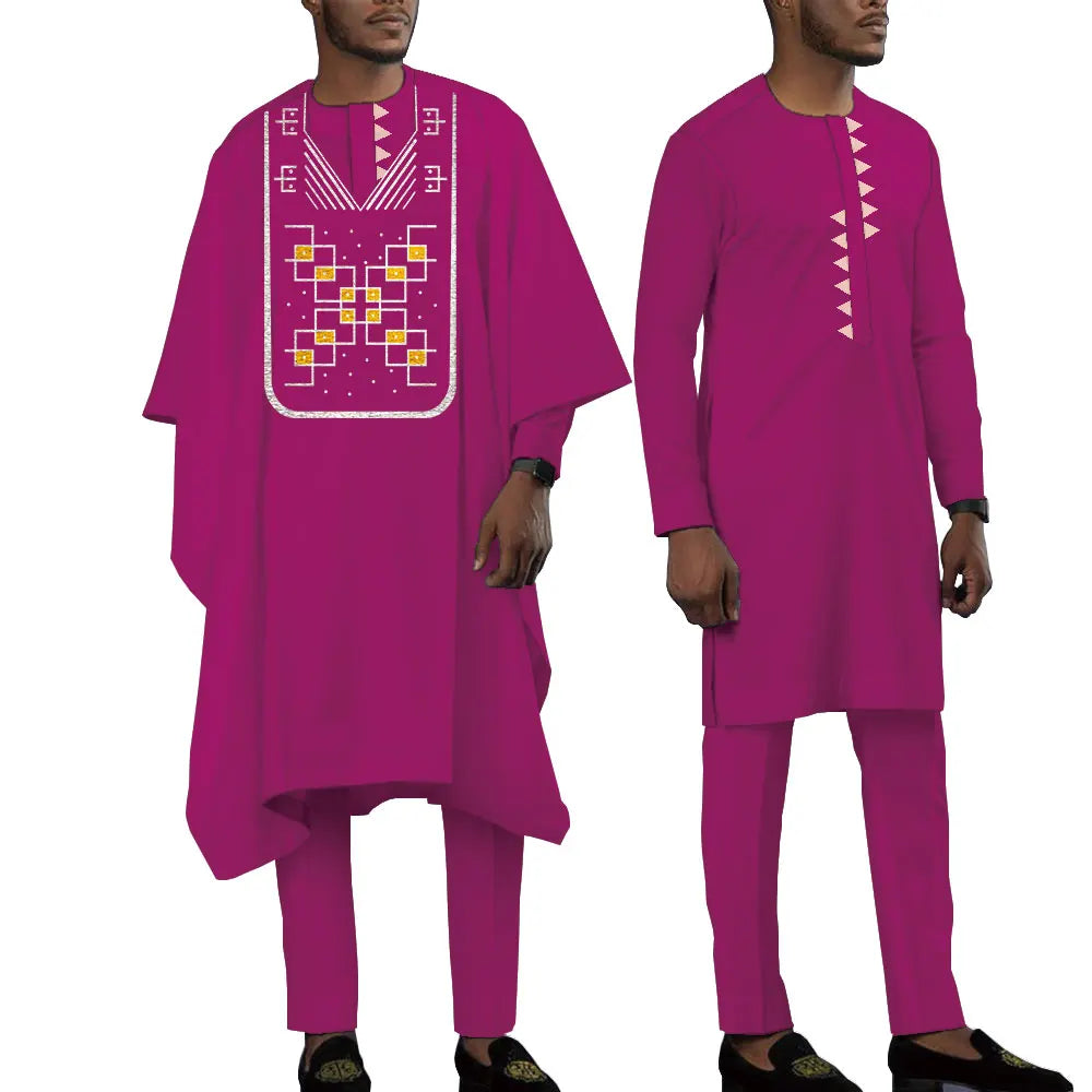 Terno bordado de manga comprida africano masculino, calças e blusões casuais empresariais Dashiki, conjunto de 3 peças, WYN1643