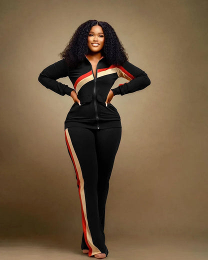 Conjunto de emenda listrada de duas peças esportivo feminino casual fashion