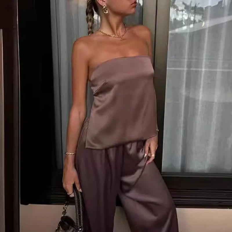 Feminino elegante sem alças solto outfits moda cintura alta cetim sólido 2pc terno sexy fora do ombro sem mangas topos & calça longa conjunto