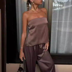 Feminino elegante sem alças solto outfits moda cintura alta cetim sólido 2pc terno sexy fora do ombro sem mangas topos & calça longa conjunto