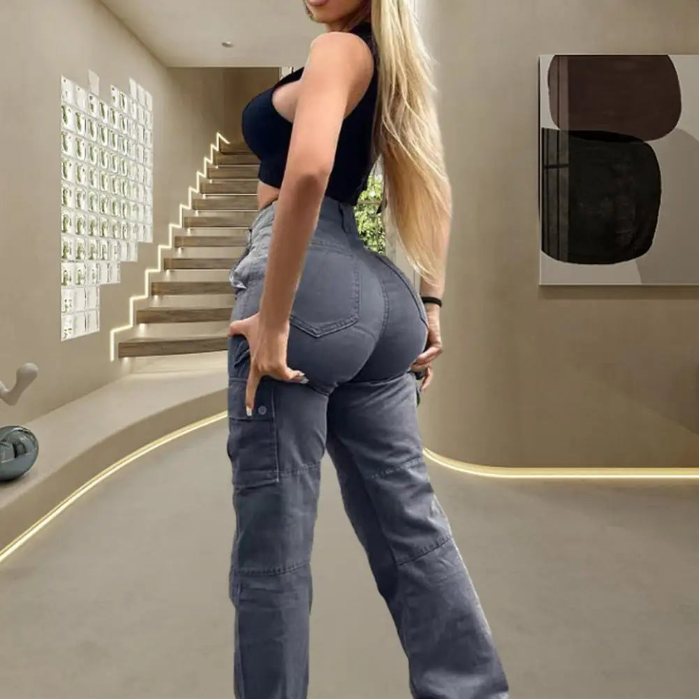 Calças femininas elegantes com botão e zíper, calças cargo de cintura alta com vários bolsos, tecido macio, levantamento de bumbum para mulheres
