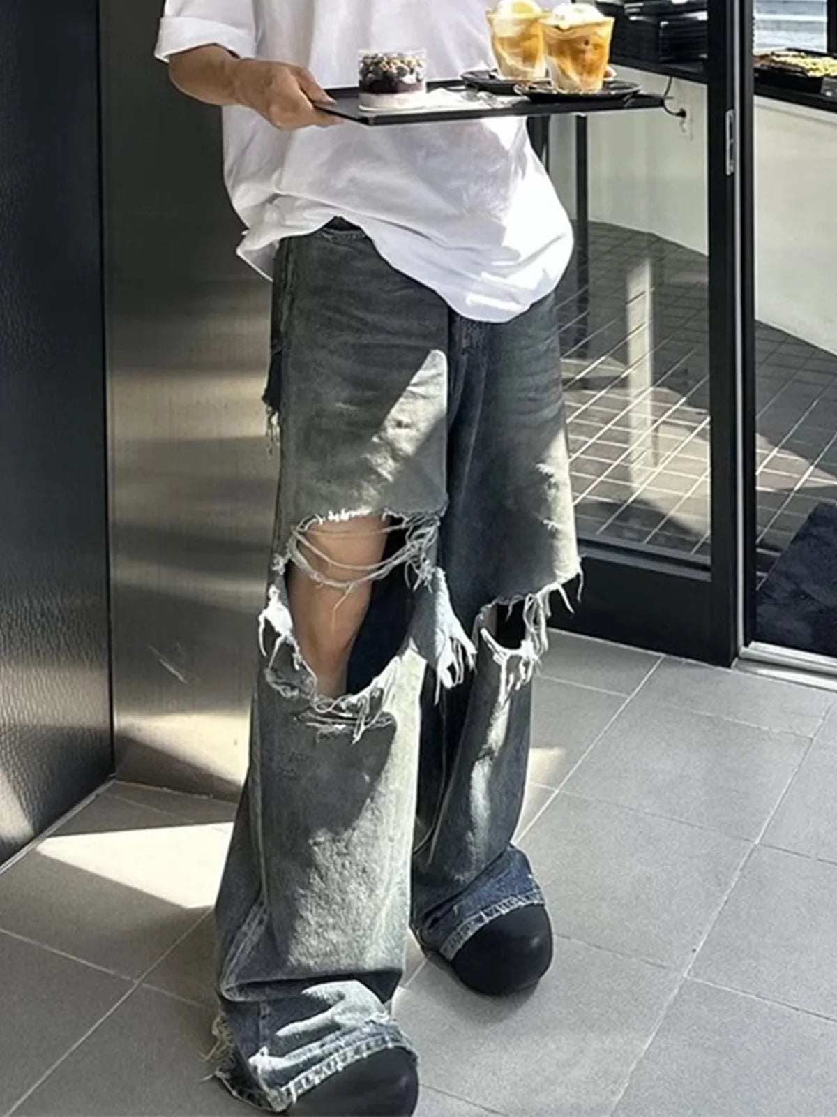 Mijko imagem real jeans desgastado buraco danificado baggy perna larga jeans masculino streetwear casual calças jeans calças de carga