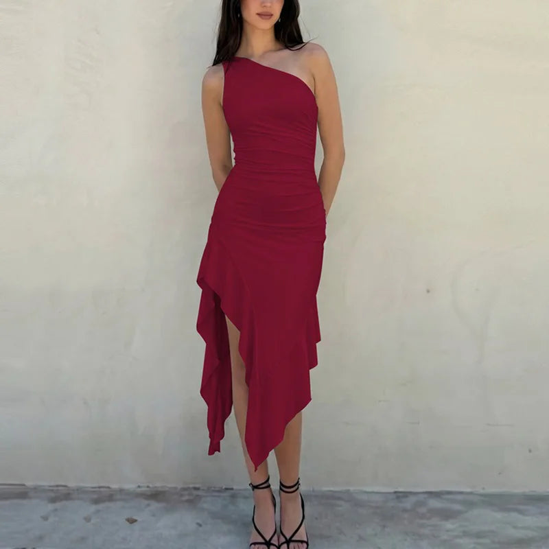 Vestido Midi Elegante Tossy de Um Ombro Só com Drapeado e Babado Assimétrico para Mulheres - Perfeito para Verão, Praia, Férias, Festas e Baladas