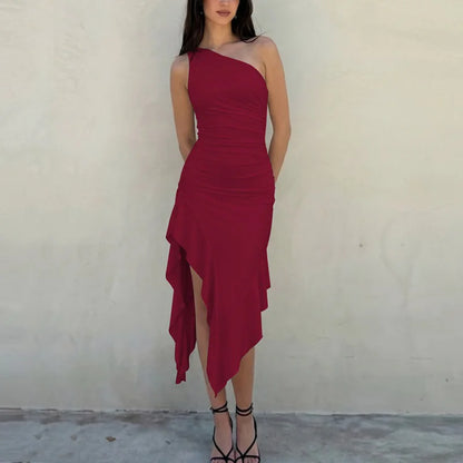 Vestido Midi Elegante Tossy de Um Ombro Só com Drapeado e Babado Assimétrico para Mulheres - Perfeito para Verão, Praia, Férias, Festas e Baladas