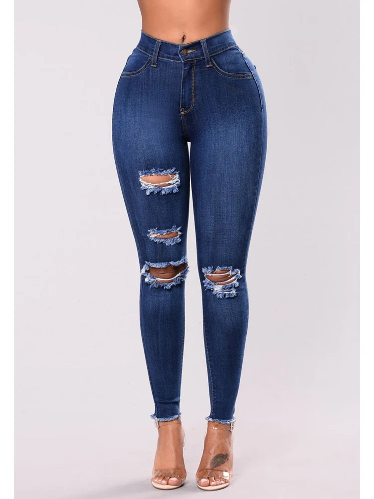 Mulheres Stretch Skinny Ripped Jeans, Calças Lápis de Cintura Alta, Envoltório de Pernas Estreitas, Hips, Calças Femininas, Plus Size S-3XL,