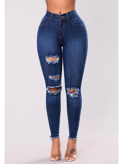 Mulheres Stretch Skinny Ripped Jeans, Calças Lápis de Cintura Alta, Envoltório de Pernas Estreitas, Hips, Calças Femininas, Plus Size S-3XL,