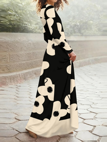 Vestido Maxi Feminino de Manga Longa com Estampa Floral Abstrata Grande