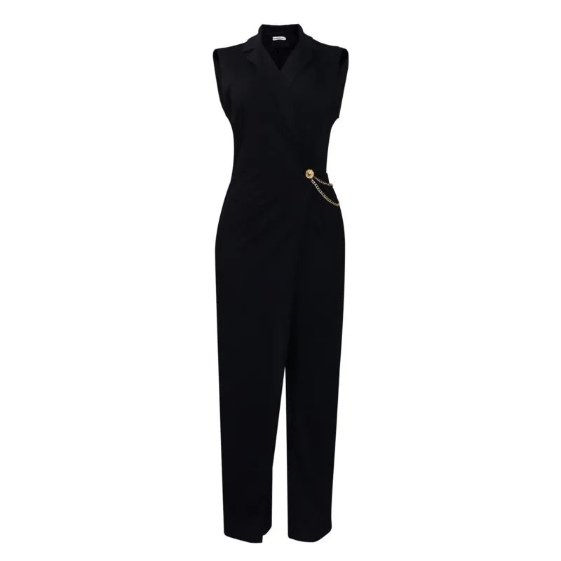 Moda feminina sem mangas terno gola cintura corrente macacão primavera verão sólido sem mangas de perna larga & playsuits macacão
