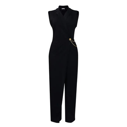 Moda feminina sem mangas terno gola cintura corrente macacão primavera verão sólido sem mangas de perna larga & playsuits macacão