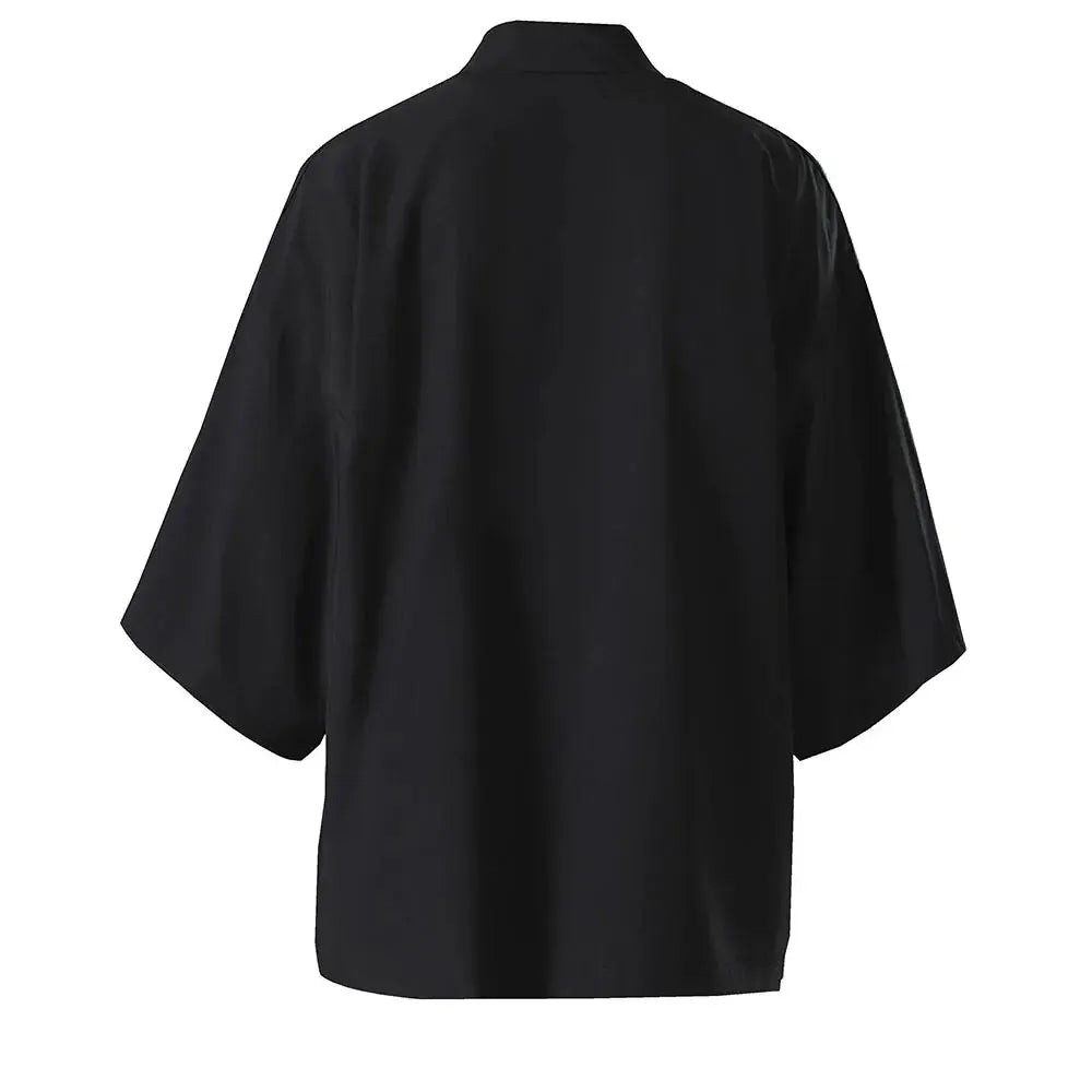 Camisas Kimono Japonesas Masculinas Casuais com Costura Aberta, Yukata Leve e Moderna, Cardigã Preto com Mangas 3/4, Ideal para Férias de Verão