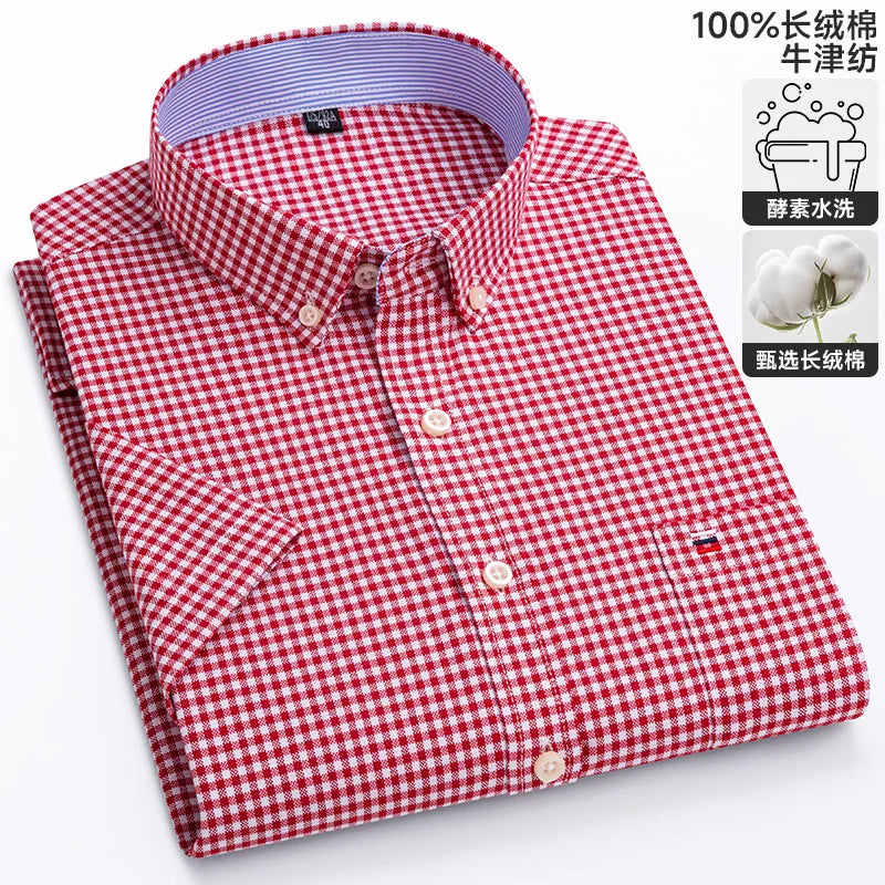 100% algodão puro oxford camisas masculinas manga curta xadrez macio regular ajuste formal vestido camisa blusa social roupas masculinas 6xl 7xl