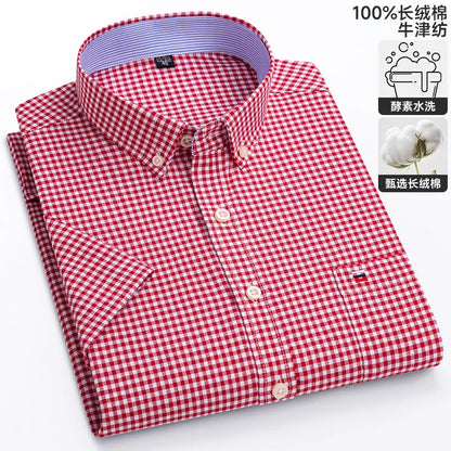 100% algodão puro oxford camisas masculinas manga curta xadrez macio regular ajuste formal vestido camisa blusa social roupas masculinas 6xl 7xl
