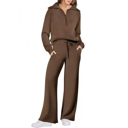 Conjunto de Moletom Feminino de 2 Peças: Blusão Forrado com Fleece Macio e Calça Fluida para Corrida ao Ar Livre e Viagens