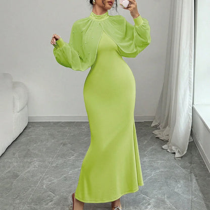 Vestido Longo Sereia Feminino 2026 Elegante com Gola Alta, Manga Longa em Tule, Cintura Marcada e Renda Sexy para Casamento