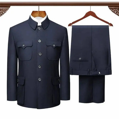 Túnica chinesa terno primavera outono idosos mais recentes casaco calça projetos de duas peças dos homens formal wear pai roupas azul dupla camada