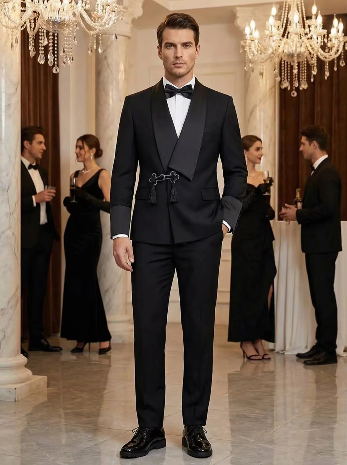 Terno Slim Fit Moderno Masculino com Gola Xale e Borlas, Conjunto de Casamento de Alta Qualidade para Noivos, Jaqueta e Calça de Duas Peças