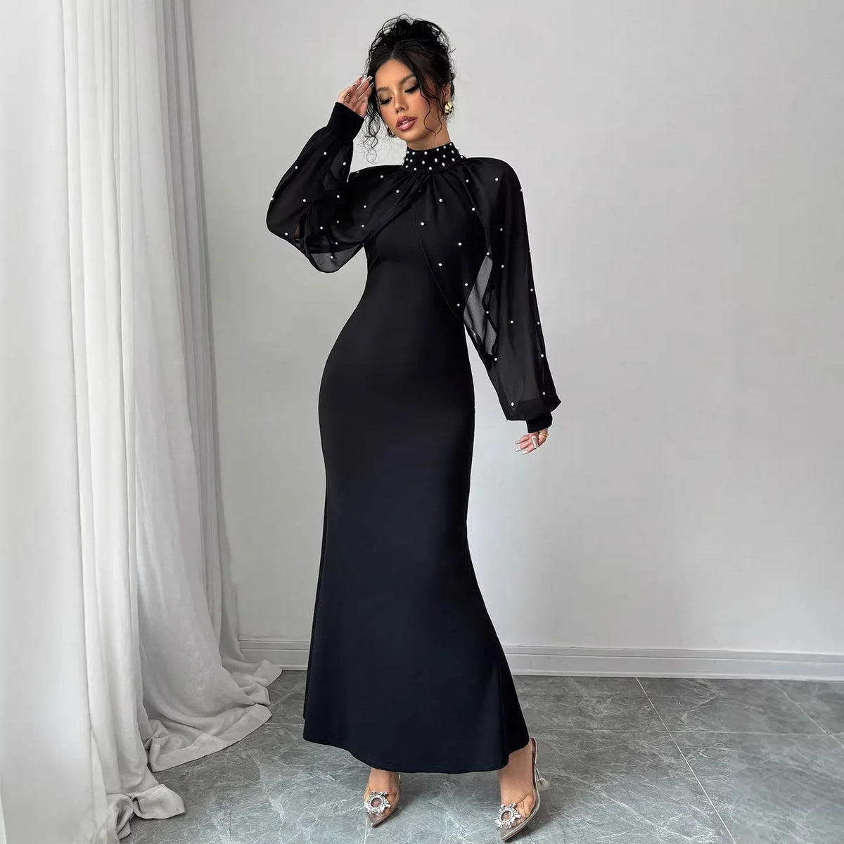 Vestido Formal Elegante de Manga Longa Estilo Sereia com Contas e Saia de Veludo Brilhante para Mulheres, Estilo Chic e Elegante