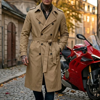 Casaco Masculino Fino de Outono, Estilo Trench Longo, com Cinto de Oferta, Extra Longo, Quebra-vento, Dragonas e Abotoamento Duplo, Vestuário Masculino Casual