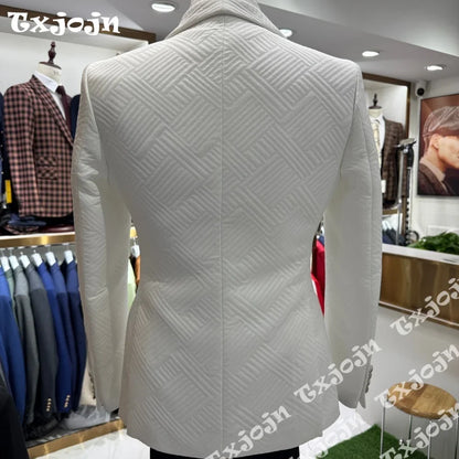 Terno Jacquard Branco de Luxo 3 Peças 2026 Masculino Slim Fit com Lapela Xale, Colete e Calça para Casamento, Noivo, Baile de Formatura e Festas Formais