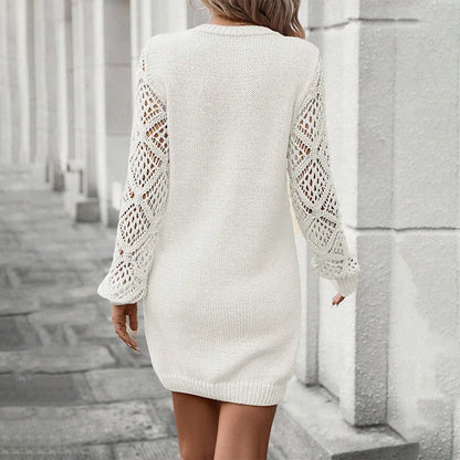 Moda vestido de malha outono inverno casual versátil com decote em v manga comprida oco cor sólida camisola elegante commuter feminino wear