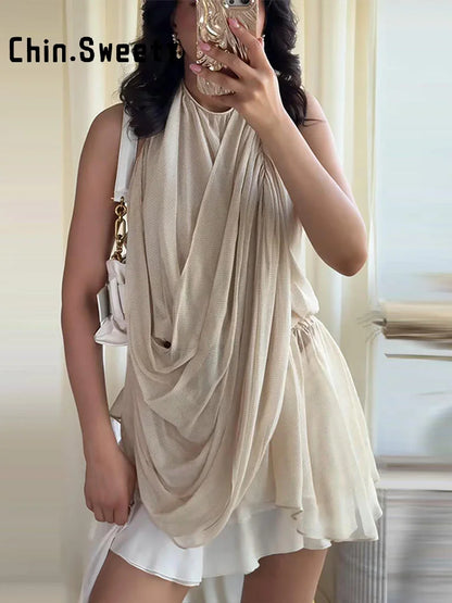 Colete Feminino Plissado Halter Solto Sem Mangas Costas Abertas Moda Feminina 2026 Verão Chique Versátil Liso