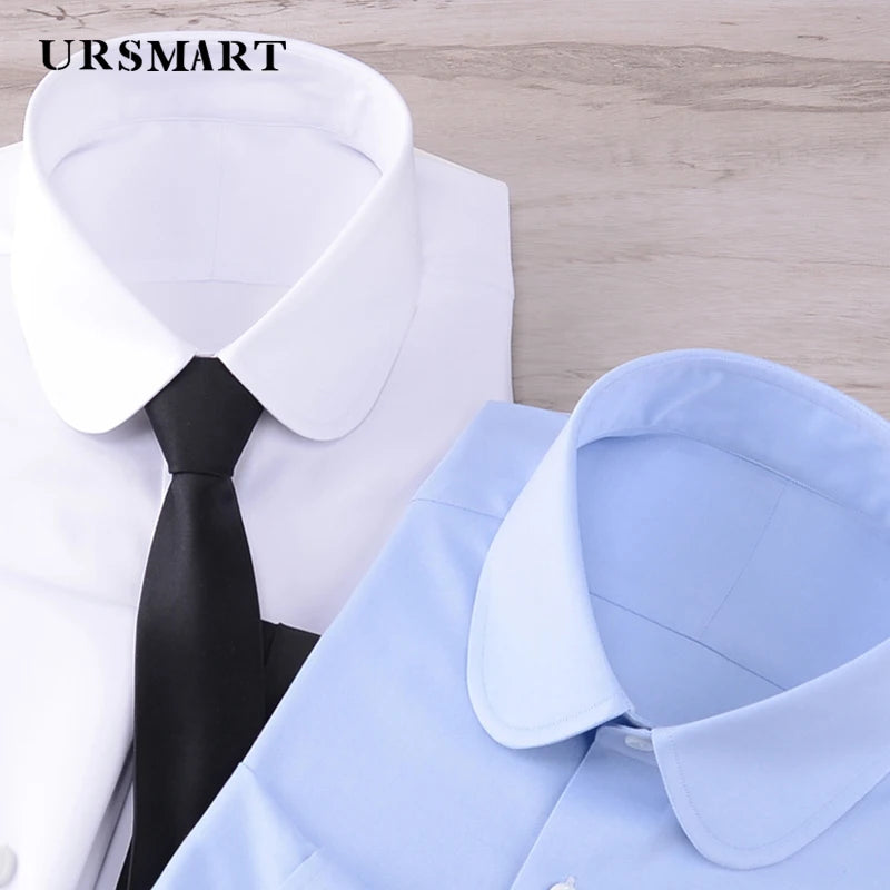 Camisa masculina clássica com gola Eton, gola arredondada, manga comprida, 100% algodão, punho regular, branca, personalizada para homens.