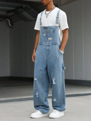Macacão de Trabalho Masculino Estilo Vintage, Jeans Solto, Rasgado e Desgastado, Perna Larga