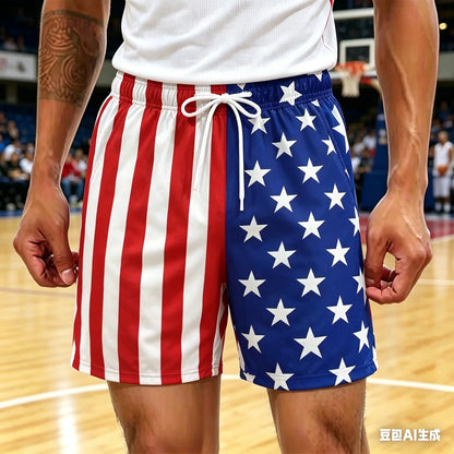 Shorts Estampados com Estrelas Vermelhas, Brancas e Azuis, Shorts Patrióticos, Estilo Americano, Shorts de Verão Oversized para Uso Diário