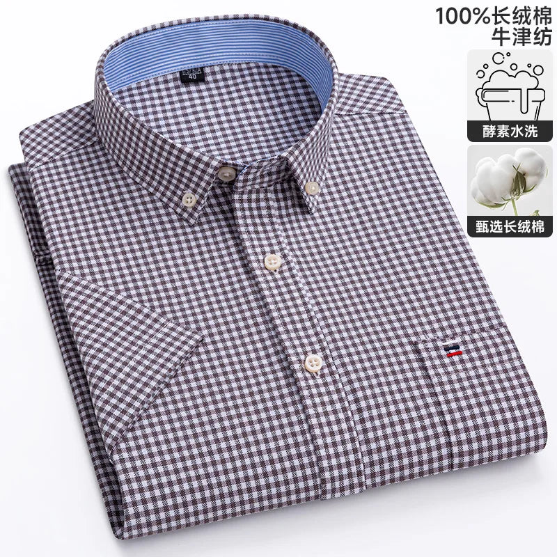 100% algodão puro oxford camisas masculinas manga curta xadrez macio regular ajuste formal vestido camisa blusa social roupas masculinas 6xl 7xl
