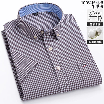 100% algodão puro oxford camisas masculinas manga curta xadrez macio regular ajuste formal vestido camisa blusa social roupas masculinas 6xl 7xl