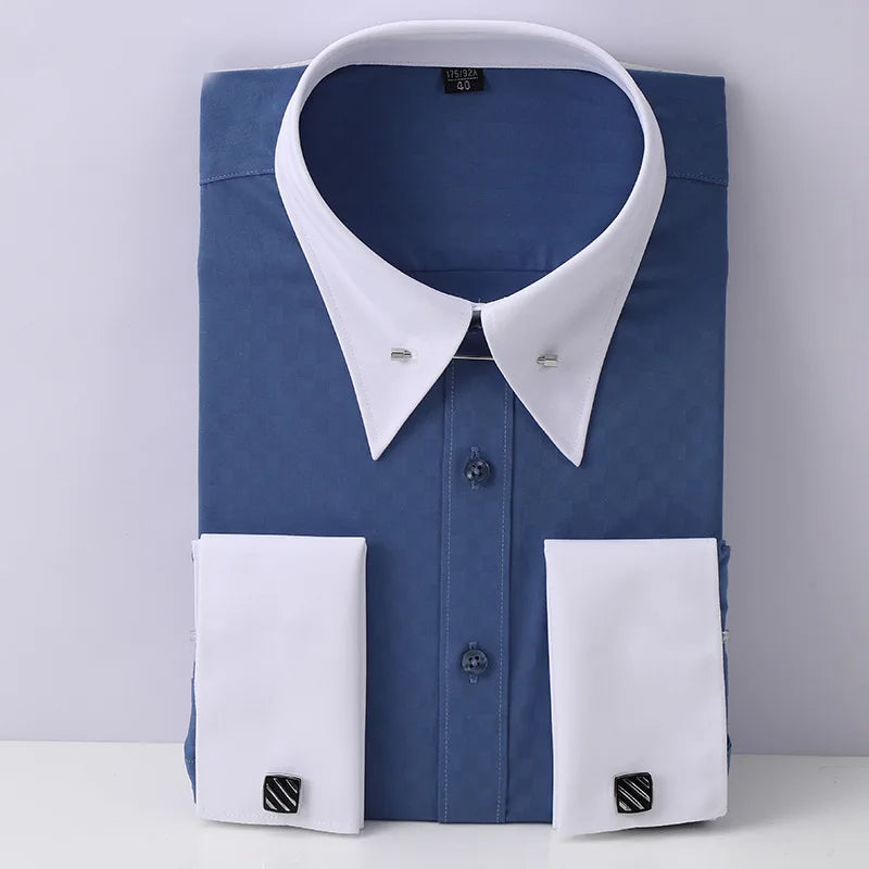 Camisa Social Masculina de Manga Longa com Abotoaduras Francesas Bordadas e Gola Grande, Sem Gravata, para Negócios e Ocasiões Formais