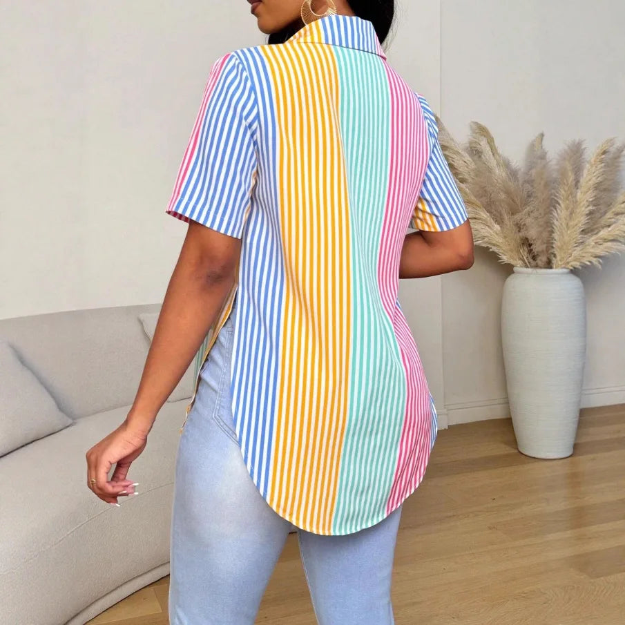 Camisa Feminina Estampada da Moda 2026 Novo Estilo Slim Fit Manga Curta Cardigã Patchwork Estilo Doce Elegante Qualidade Poliéster